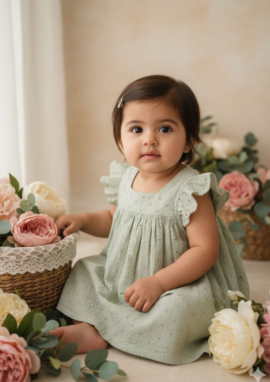 Baby girl sitting wearing pastel mint hakoba cotton A-line dress