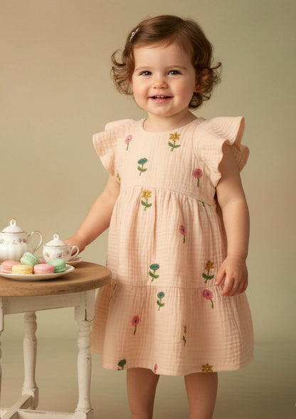 Baby girl standing with hand on table wearing peach embroidered muslin cotton frock