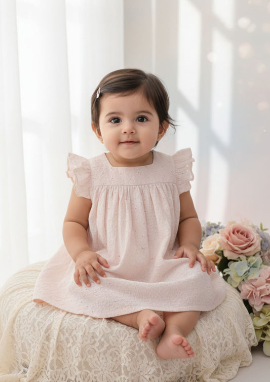 Baby girl sitting wearing peach hakoba cotton A-line dress