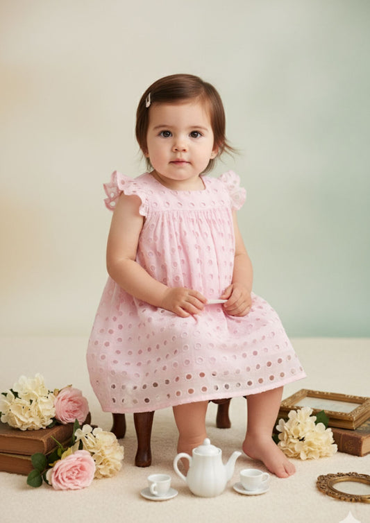 Baby girl sitting on stool wearing pink hakoba cotton A-line dress