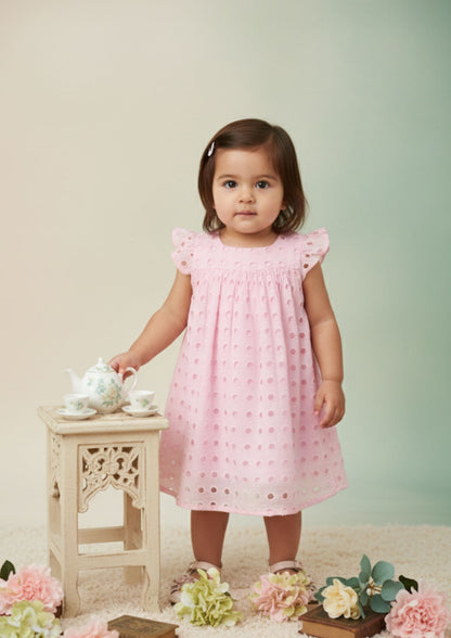 Baby girl standing wearing pink hakoba cotton A-line dress