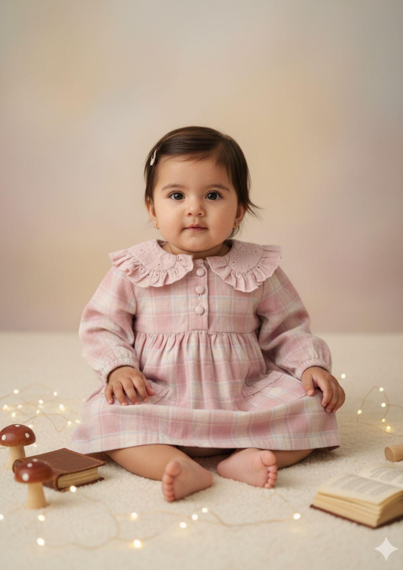 Baby girl sitting wearing pink plaid hakoba cotton frock with Peter Pan collar
