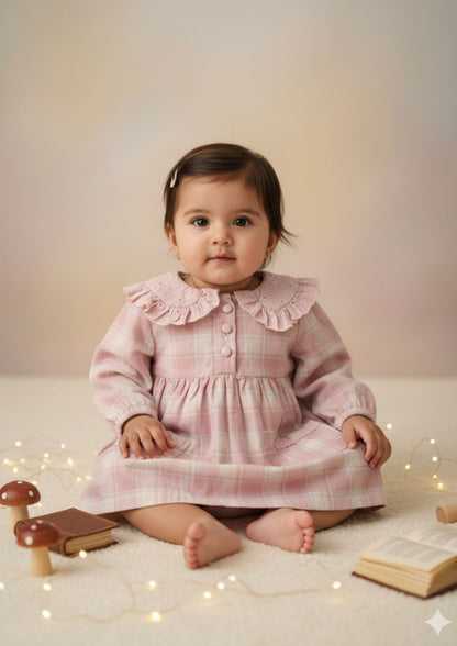 Baby girl sitting wearing pink plaid hakoba cotton frock with Peter Pan collar