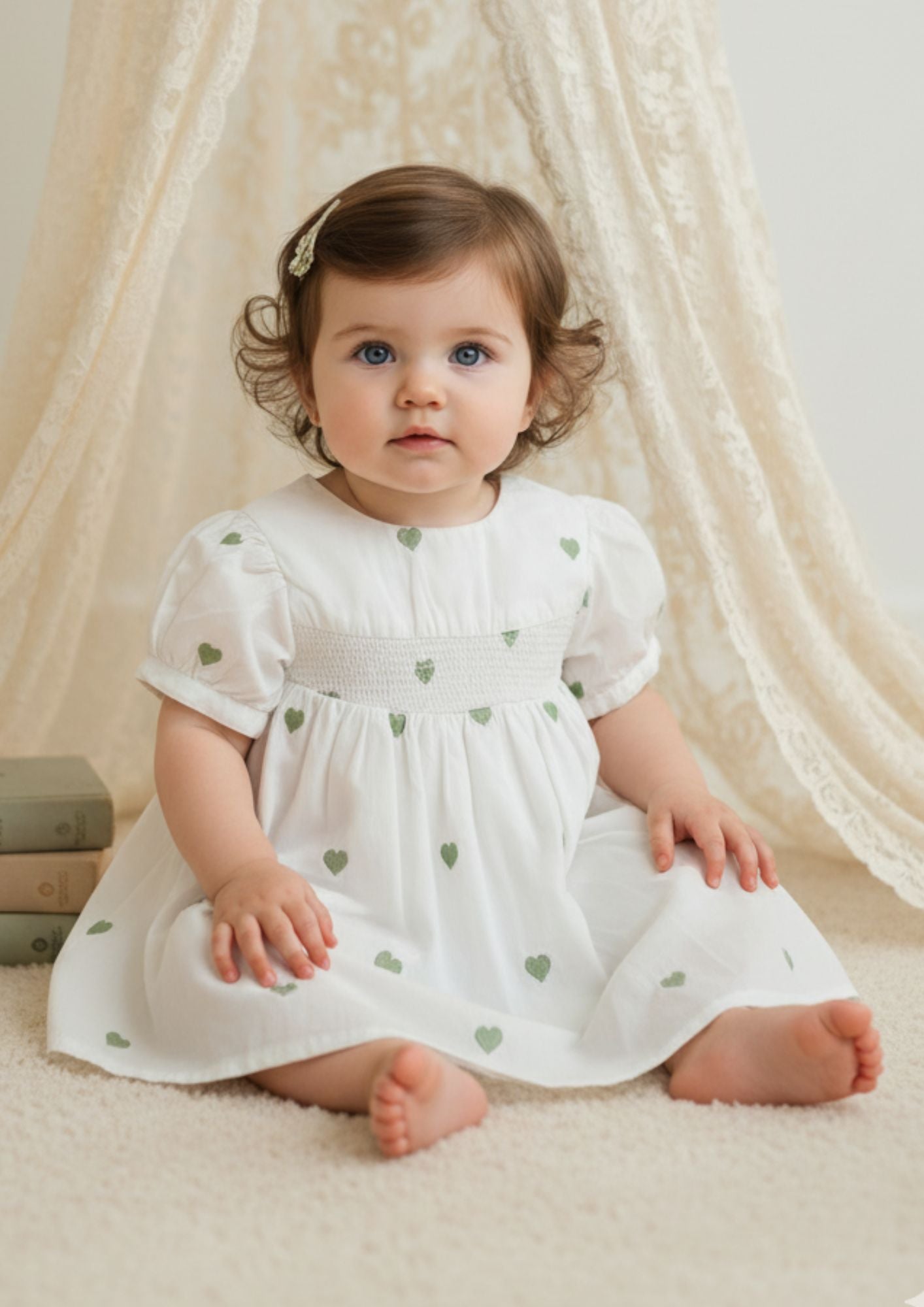 Baby girl sitting wearing white cotton A-line dress with pista heart smocking