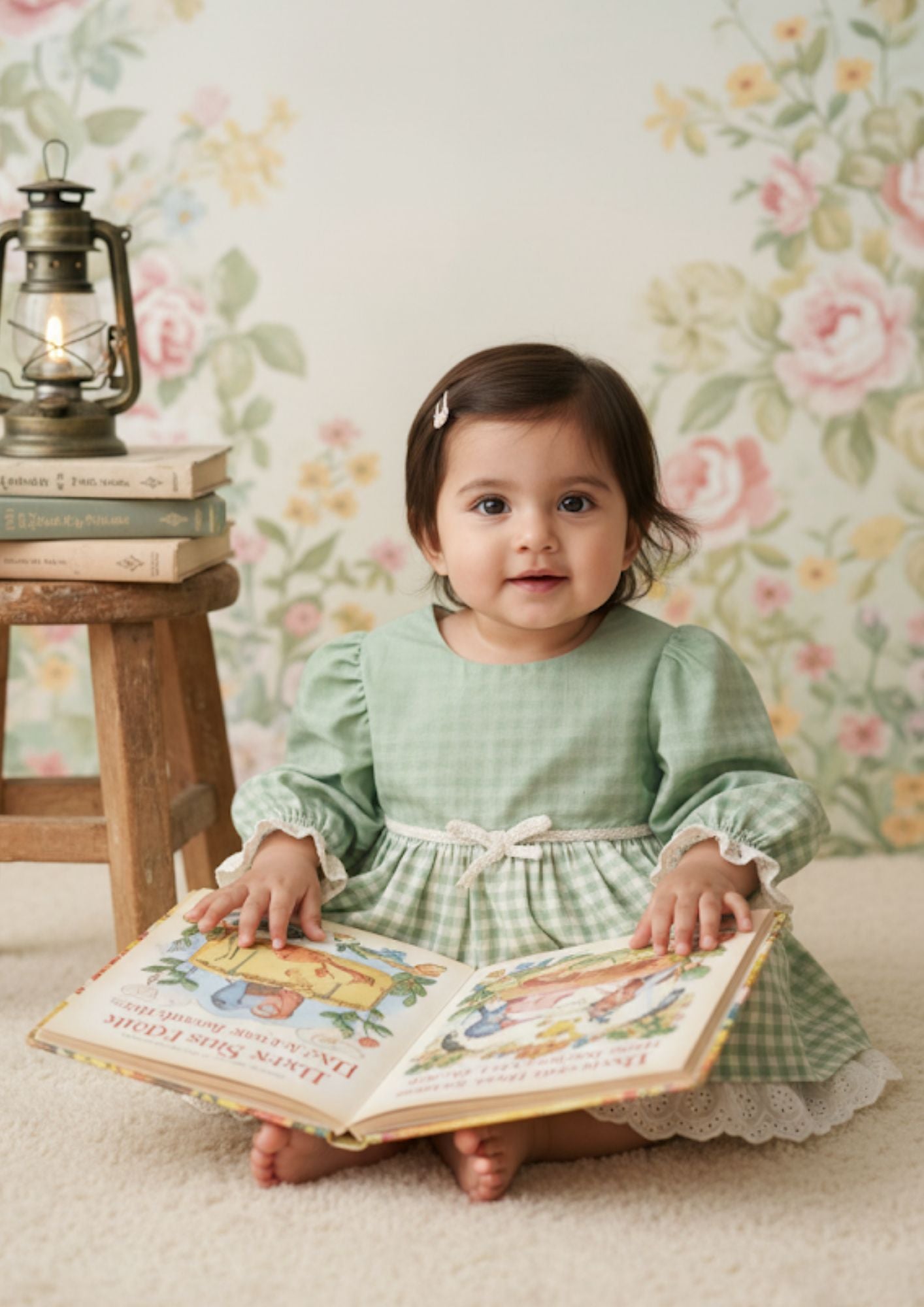 Baby girl sitting wearing pistachio gingham princess cotton dress with hakoba lace
