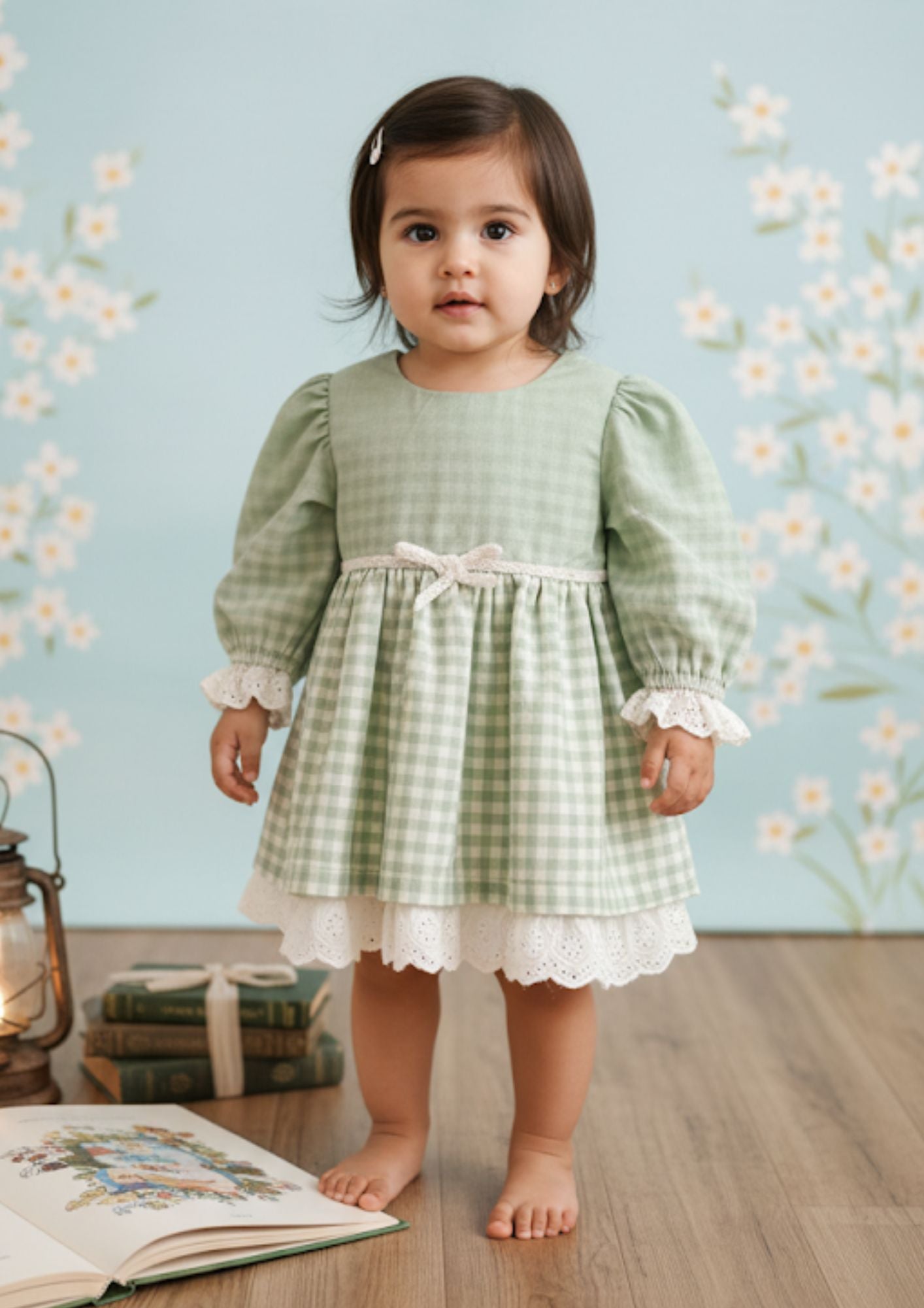 Baby girl standing wearing pistachio gingham princess cotton dress with hakoba lace