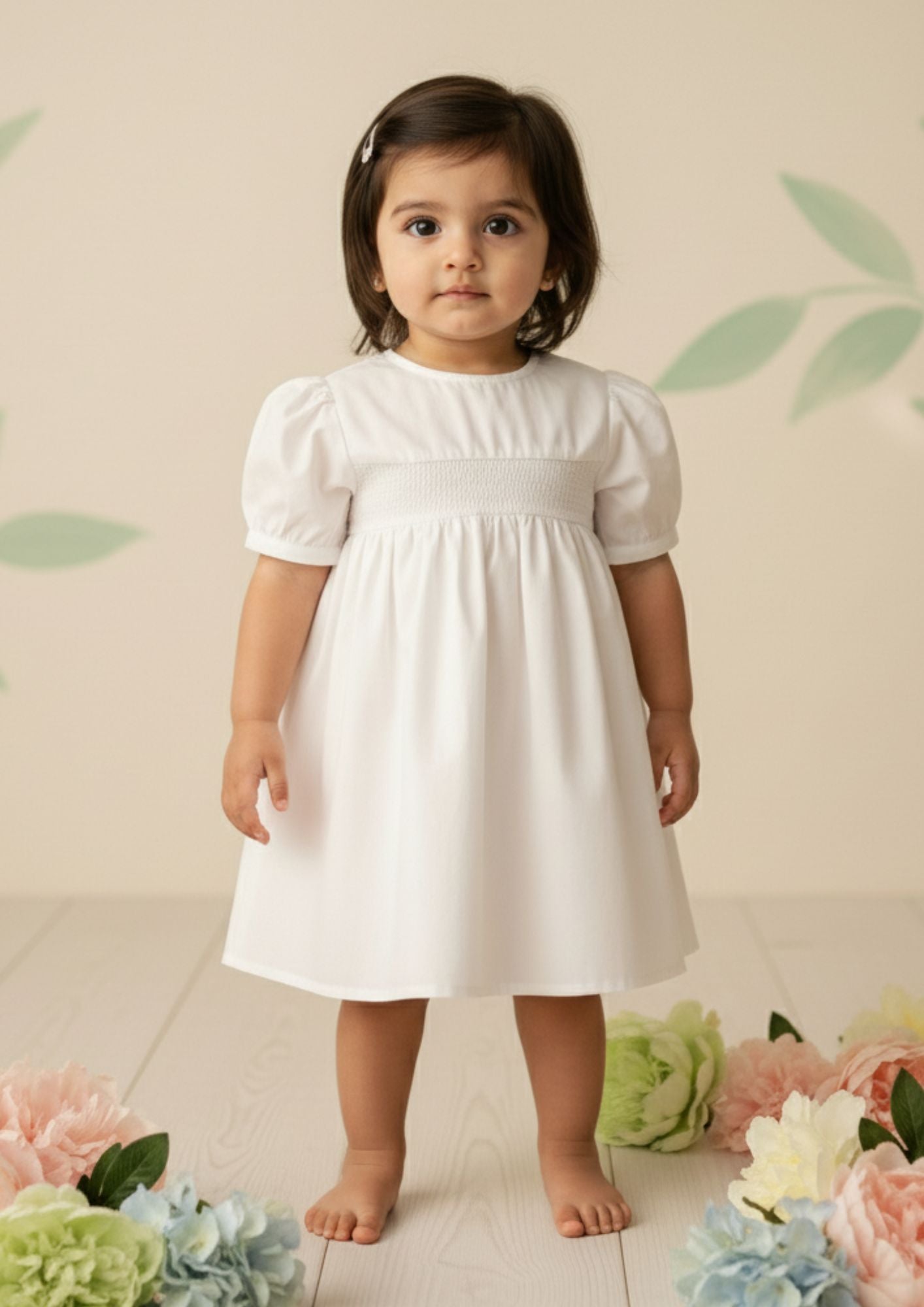 Baby girl standing facing front wearing pure white smocked cotton A-line dress