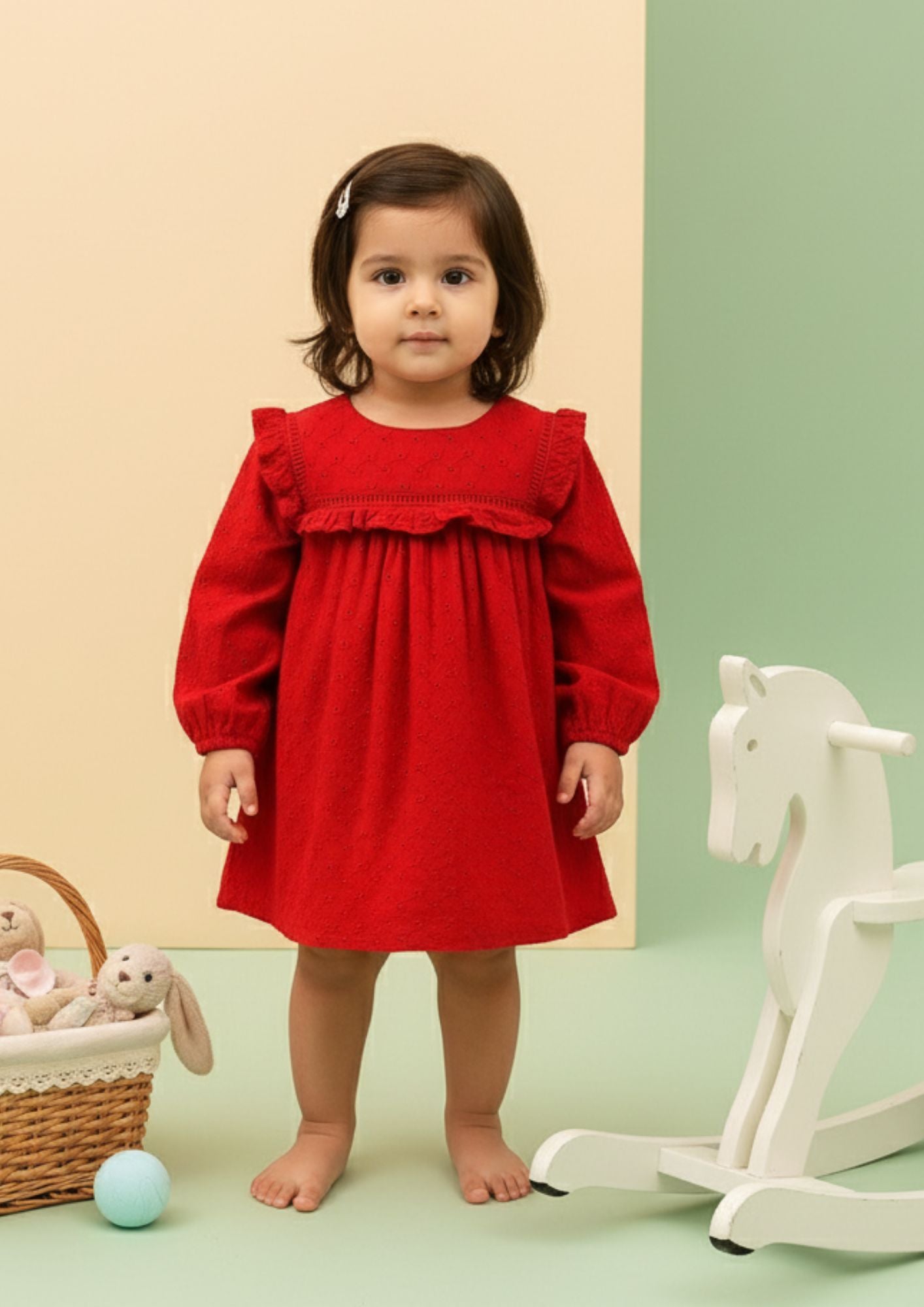 Red hakoba cotton A-line dress for girls with embroidered detailing
