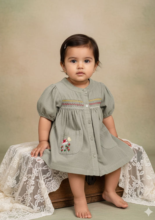 Baby girl sitting on box wearing sage smocked cotton A-line dress