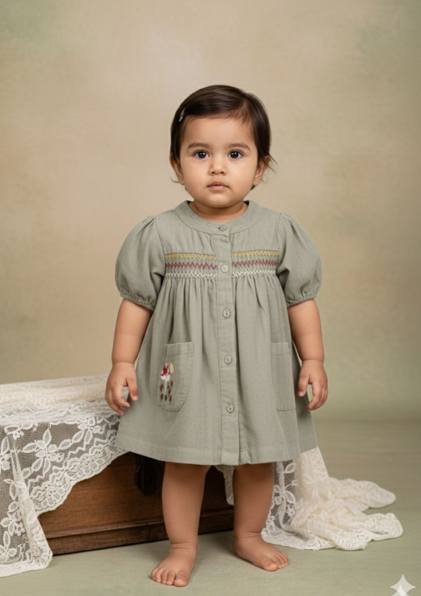 Baby girl standing wearing sage smocked cotton A-line dress