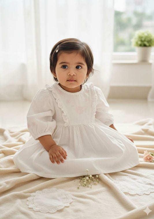 Baby girl sitting wearing snow blossom embroidered cotton frock