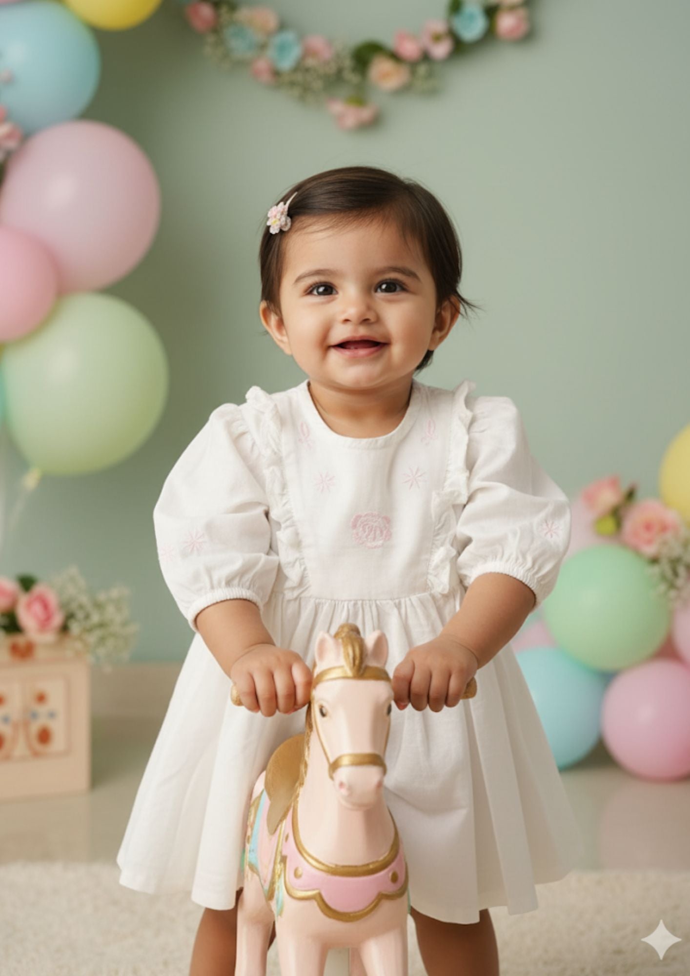 Baby girl standing wearing snow blossom embroidered cotton frock