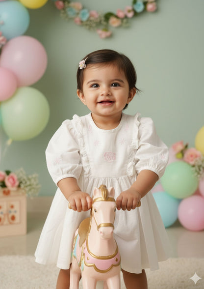 Baby girl standing wearing snow blossom embroidered cotton frock