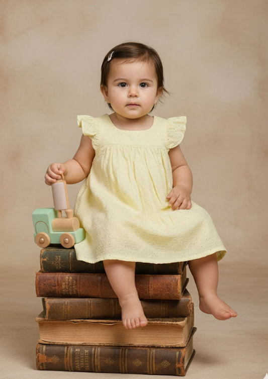 Baby girl sitting on books wearing sunlit yellow hakoba cotton A-line dress
