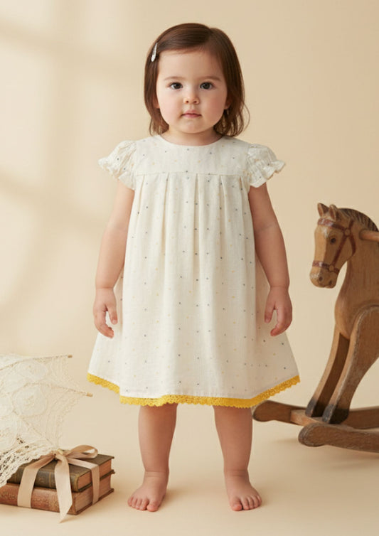 Baby girl standing wearing sunshine dot embroidered cream cotton A-line dress with crochet lace