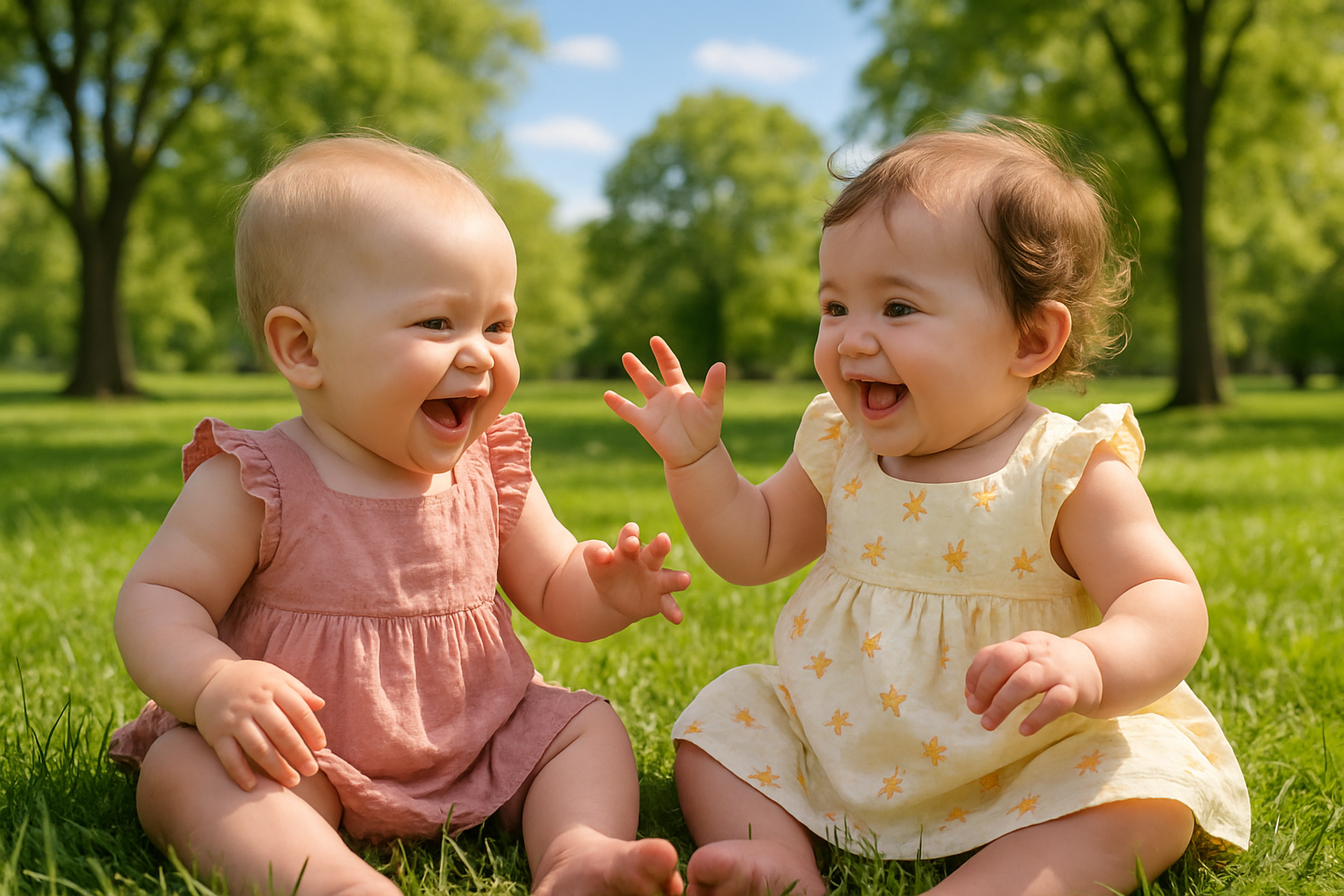 two babies wearing cute cotton dress playing on park
