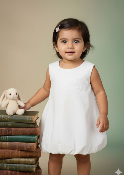 Baby girl standing wearing white balloon-fit cotton dress