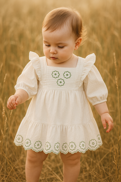 Baby wearing white cotton dress with green floral embroidery standing outdoors