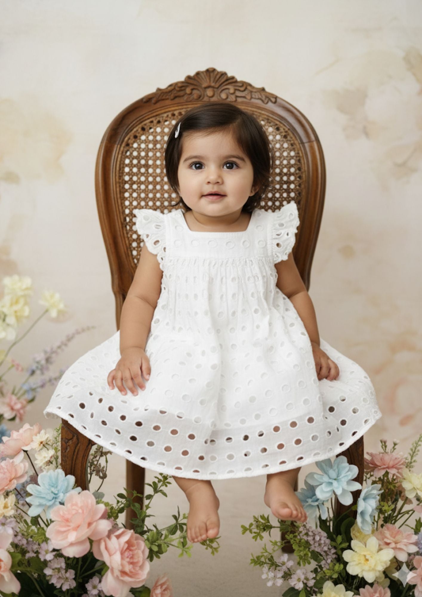 Baby girl sitting on a chair wearing a white hakoba cotton A-line dress