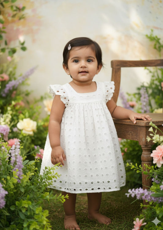Baby girl standing with hand on chair wearing white hakoba cotton A-line dress